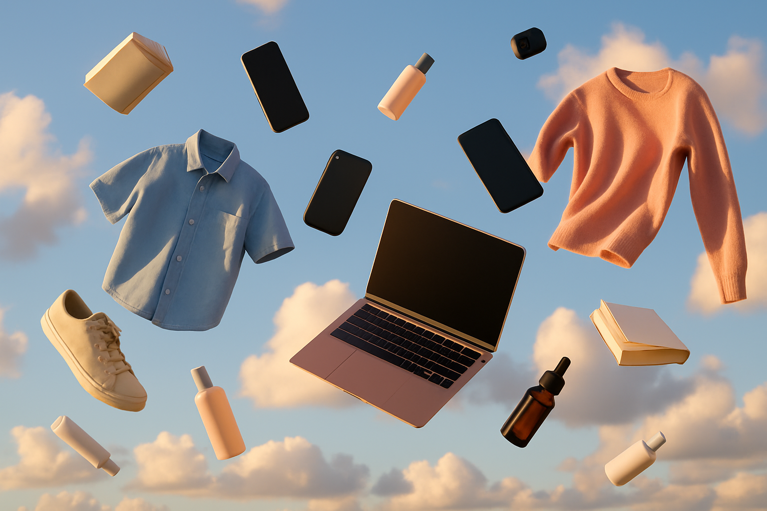 A sky where products are flying. Real photo.